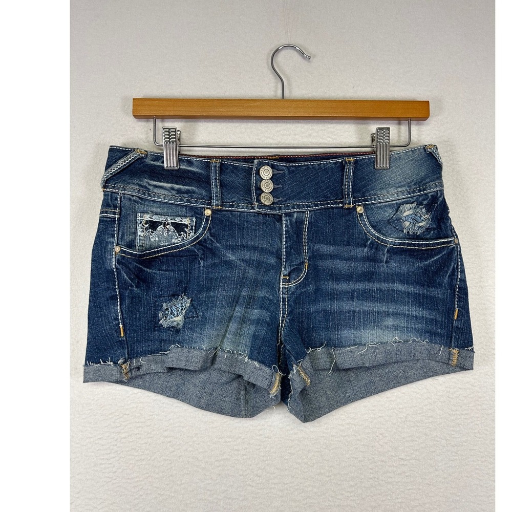 Y2K Amethyst Jeans Womens 31 Dark Wash‎ Distressed Embroidered Denim Shorts